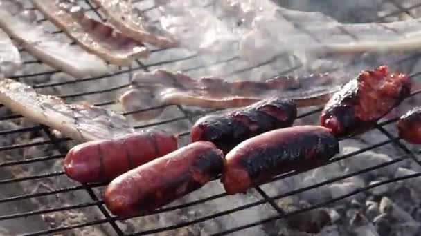 Chorizo Una Parrilla Sobre Fuego Para Una Barbacoa — Stok video