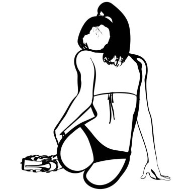 Bikinili ve yüksek topuklu ayakkabılı seksi genç kız. Güzel, uzun bacaklı bir kadın. İzole vektör.