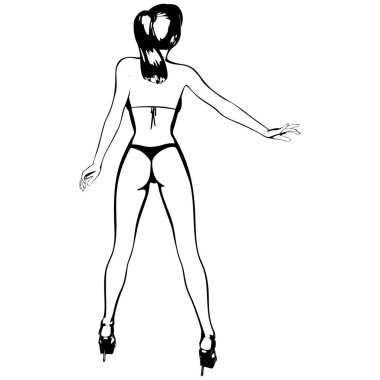 Bikinili ve yüksek topuklu ayakkabılı seksi genç kız. Güzel, uzun bacaklı bir kadın. İzole vektör.