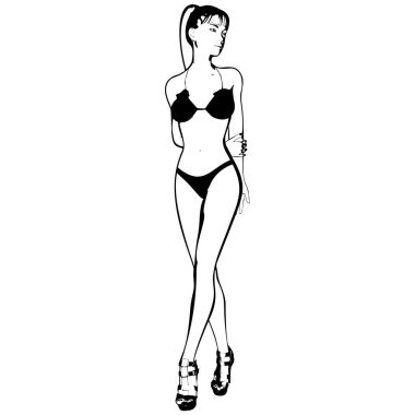 Bikinili ve yüksek topuklu ayakkabılı seksi genç kız. Güzel, uzun bacaklı bir kadın. İzole vektör.
