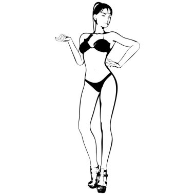 Bikinili ve yüksek topuklu ayakkabılı seksi genç kız. Güzel, uzun bacaklı bir kadın. İzole vektör.