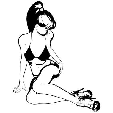 Bikinili ve yüksek topuklu ayakkabılı seksi genç kız. Güzel, uzun bacaklı bir kadın. İzole vektör.