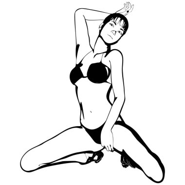 Bikinili ve yüksek topuklu ayakkabılı seksi genç kız. Güzel, uzun bacaklı bir kadın. İzole vektör.