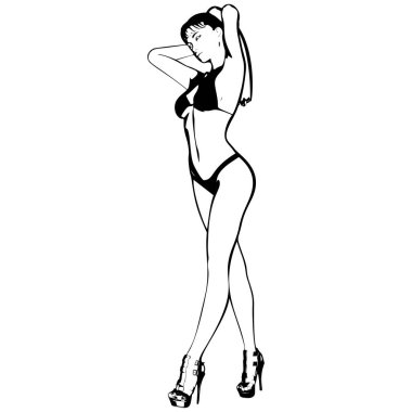Bikinili ve yüksek topuklu ayakkabılı seksi genç kız. Güzel, uzun bacaklı bir kadın. İzole vektör.