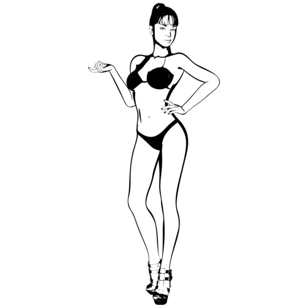 Bikinili ve yüksek topuklu ayakkabılı seksi genç kız. Güzel, uzun bacaklı bir kadın. İzole vektör.