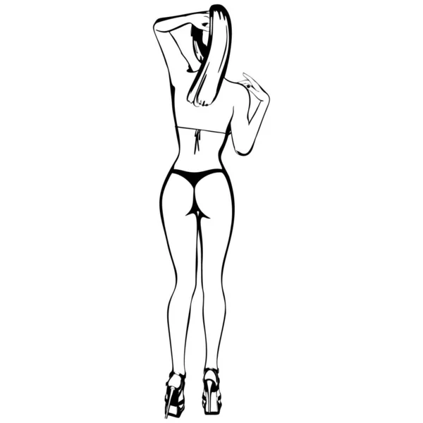 Bikinili ve yüksek topuklu ayakkabılı seksi genç kız. Güzel, uzun bacaklı bir kadın. İzole vektör.