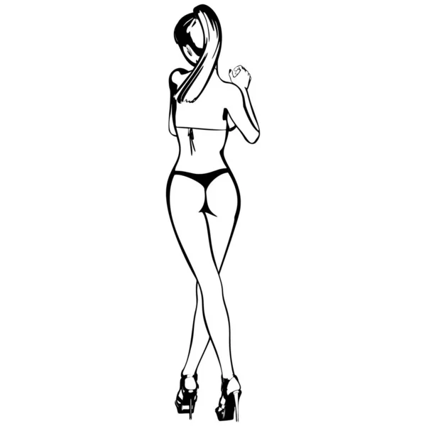 Bikinili ve yüksek topuklu ayakkabılı seksi genç kız. Güzel, uzun bacaklı bir kadın. İzole vektör.