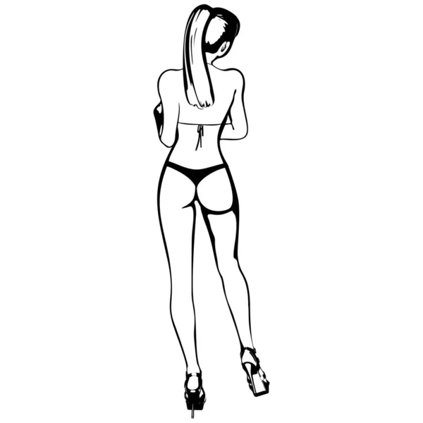 Bikinili ve yüksek topuklu ayakkabılı seksi genç kız. Güzel, uzun bacaklı bir kadın. İzole vektör.