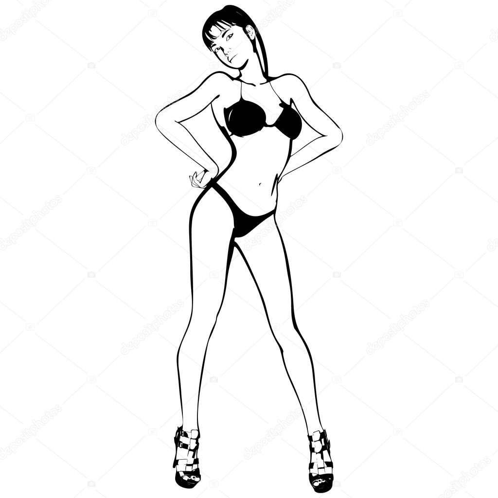 Sexy young girl in a bikini and high-heeled shoes. Woman with beautiful long legs. Isolated vector.