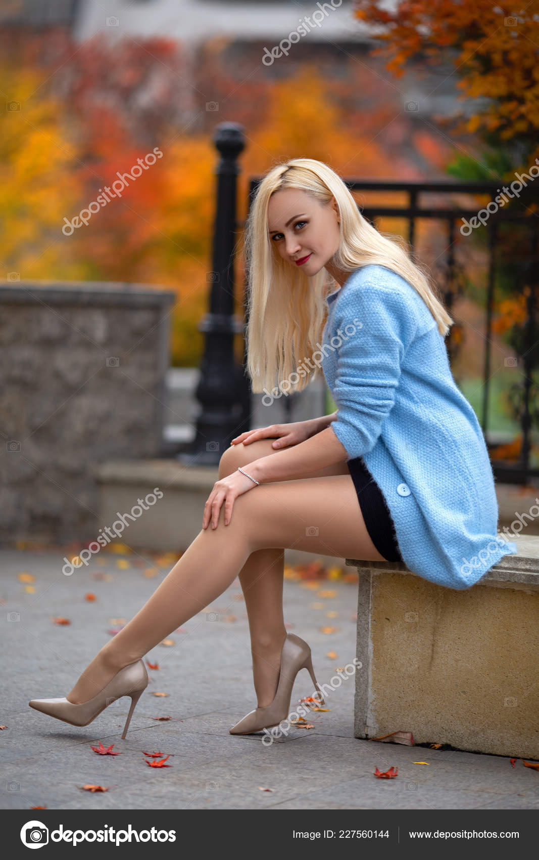 Beautiful Blonde Girl Perfect Legs Blue Blouse Posing Outdoor