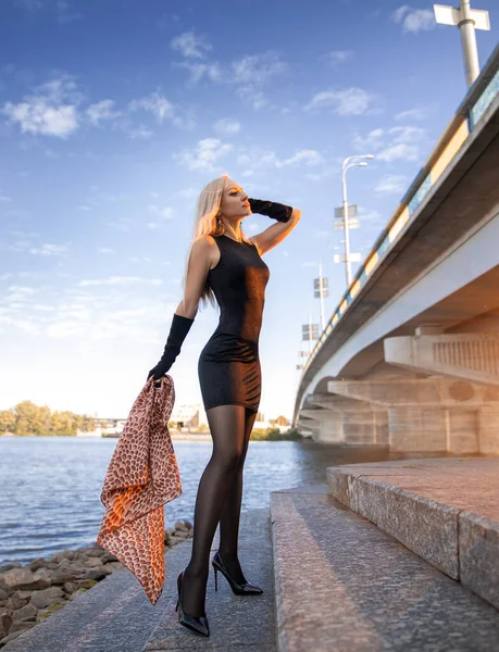 Beautiful Blonde Girl Black Dress Perfect Legs Pantyhose Shoes High — Stock Photo, Image