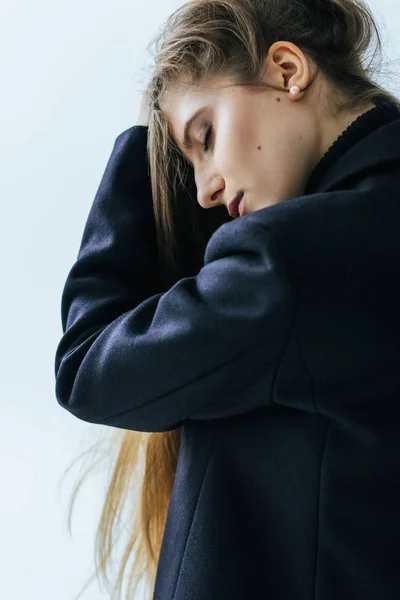 Young Caucasian Woman Black Coat — Stock Photo, Image