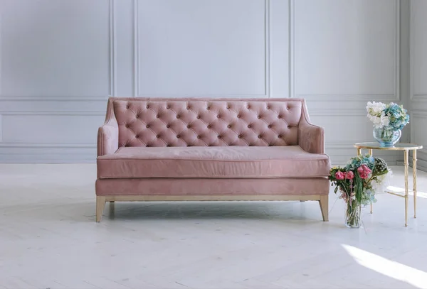 Beludru Merah Muda Sofa Ruangan Dengan Dinding Abu Abu Dan — Stok Foto