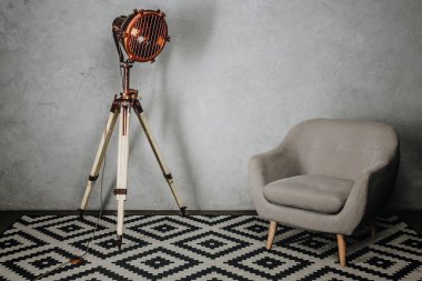 Gri kol sandalye ve vintage lamba ile minimalist iç