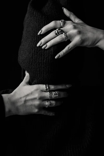 Woman Hiding Her Face Turtleneck Sweater Hands — Stock Photo, Image