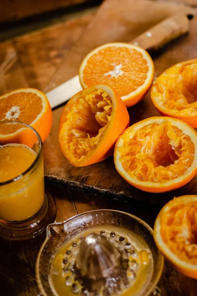 High Angle View Oranges Juice Squeezer Wooden Table — Stock Photo, Image