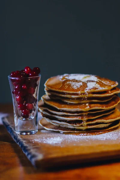 Stack Pancakes Maple Syrup Cranberries Wooden Board — Stock Photo, Image