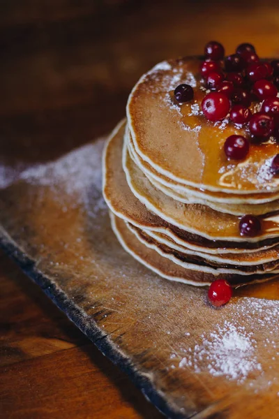 Stack Pancakes Cranberries Maple Syrup Wooden Board — Stock Photo, Image