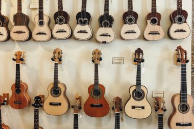 Porto, Portekiz - 29 Nisan 2016: Satır müzik mağazası duvardaki akustik gitar
