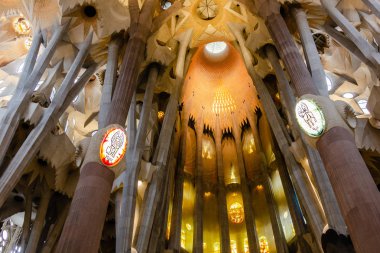 Barcelona, İspanya - 22 Nisan 2016: Sagrada Familia Antoni Gaudi tarafından tasarlanmış iç görünüm
