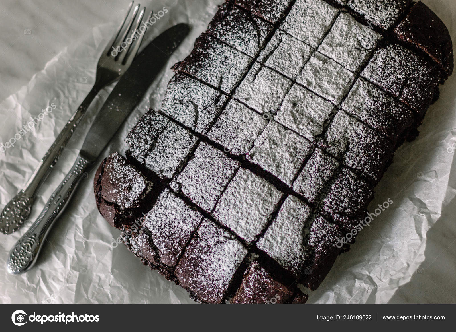 Chocolate Brownie Served Powdered Sugar Baking Paper Stock