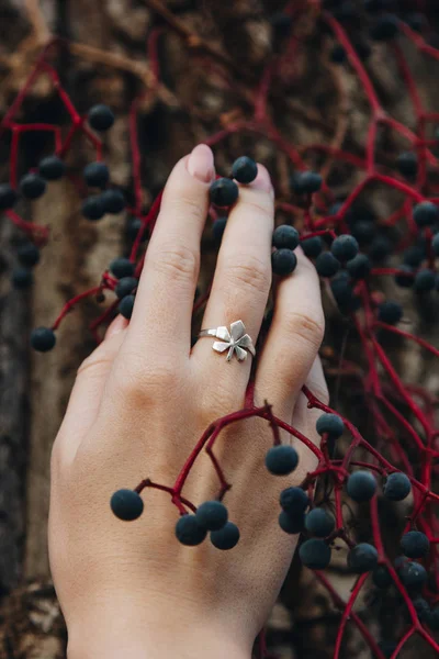 Γυναίκα χέρι με δαχτυλίδι σχήμα ασημένια φύλλα καστανιάς — Φωτογραφία Αρχείου