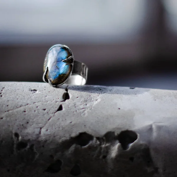 Silver ring with blue gemstone — Stock Photo, Image