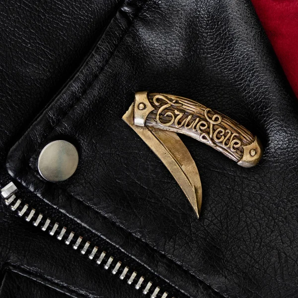 Brass brooch on leather coat