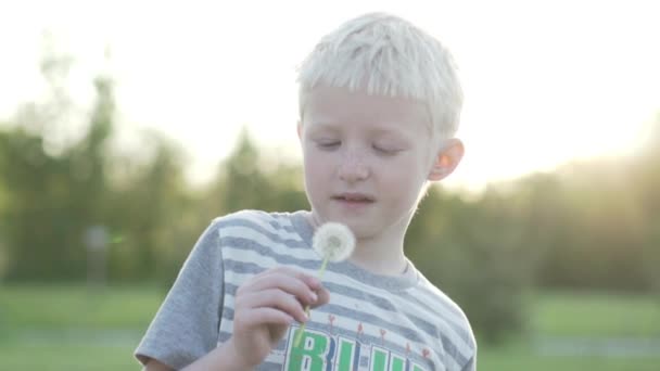 De albino jongen blaast een paardebloem. Slow motion. — Stockvideo