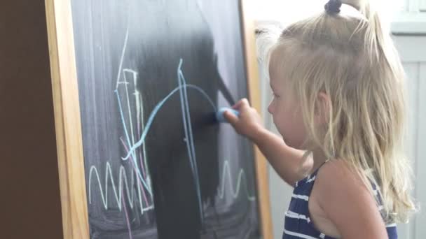 Una Bambina Disegna Una Piccola Borsa Sulla Lavagna Poi Cancella — Video Stock