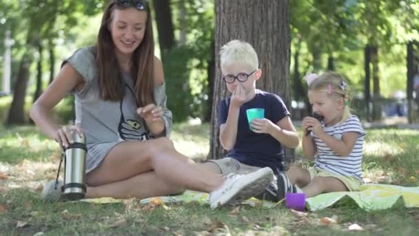 Mutter mit Kindern trinkt Tee im Park — Stockvideo