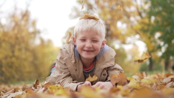 Las hojas amarillas otoñales del árbol caen sobre el muchacho . — Vídeo de stock