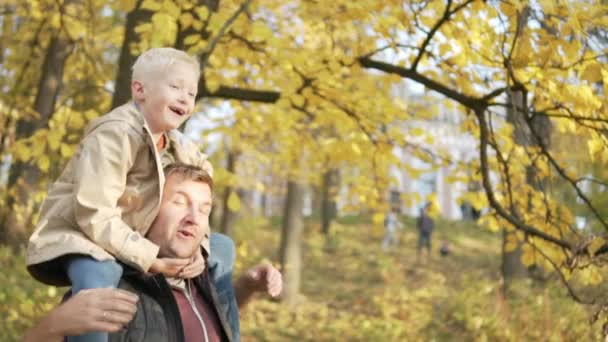 Vader met een kleine jongen, wandelen in de herfst park. — Stockvideo