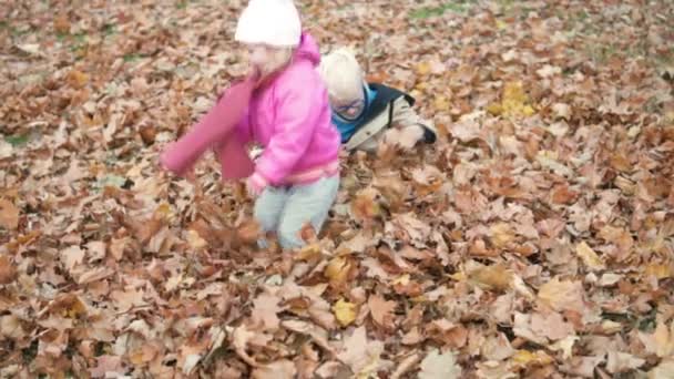 Брат и сестра играют в опавших листьях . — стоковое видео