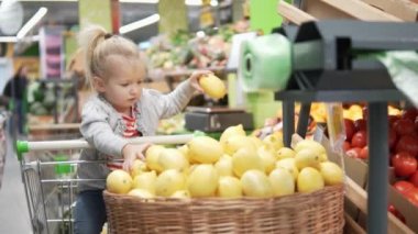 Küçük kız süpermarkette alışveriş sepetindeki oturur