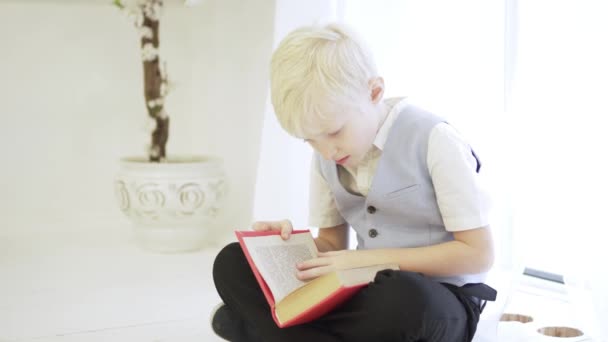 一个优雅的白化病男孩盘腿坐在地板上 读一本写着小文字的厚书 这孩子热衷于读童话故事 可爱的小天才 — 图库视频影像