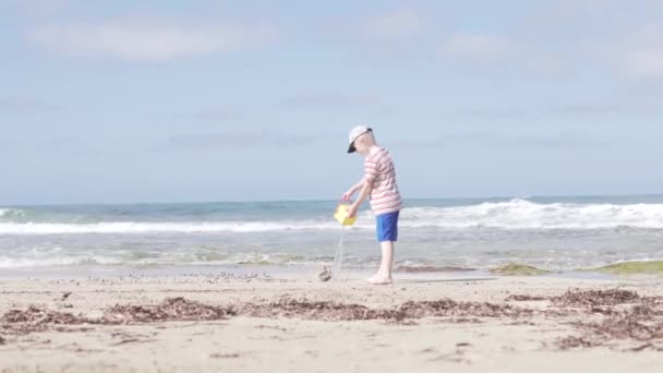 Il ragazzo va al mare con un secchio giocattolo . — Video Stock