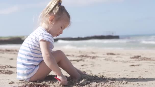 Piękna dziewczyna gra na piaszczystej plaży nad morzem — Wideo stockowe