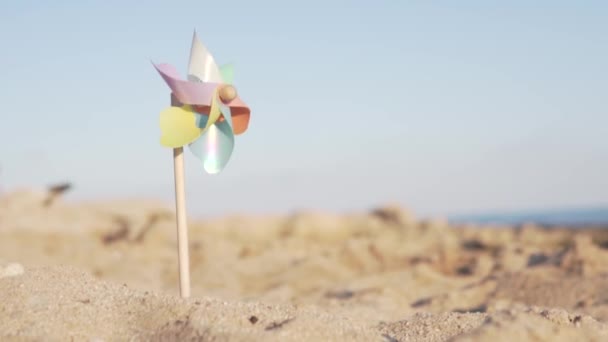 Molino de viento de juguete multicolor atrapado en la arena en la playa — Vídeo de stock