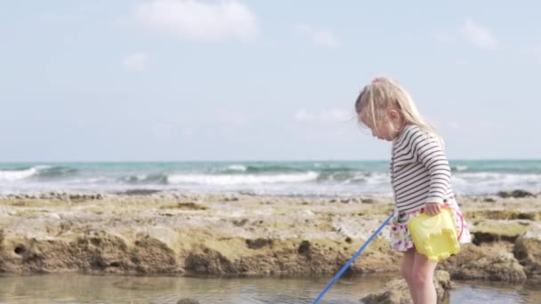 Όμορφο μικρό κορίτσι που παίζει στην παραλία δίπλα στη θάλασσα. — Αρχείο Βίντεο