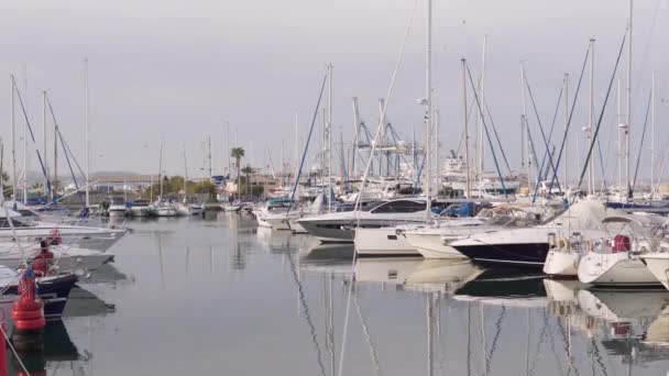 Mooie kleine witte jachten geparkeerd in een Yacht Club, — Stockvideo