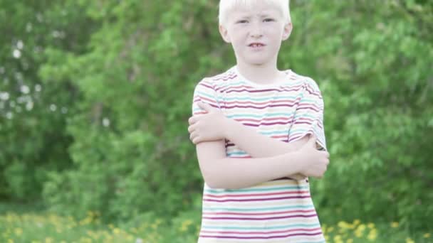 Мальчик-блондин гуляет в парке в летний день — стоковое видео