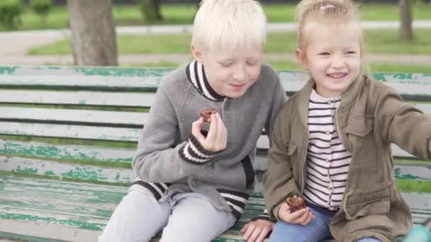 Χαριτωμένα παιδιά κάθονται σε ένα παγκάκι στο πάρκο. — Αρχείο Βίντεο
