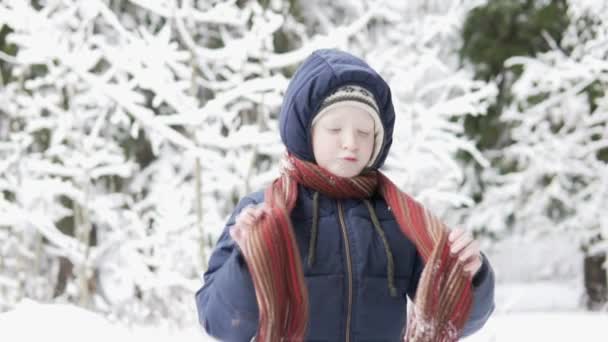 O menino amarra um lenço em torno de seu pescoço durante uma caminhada de inverno através de uma floresta nevada — Vídeo de Stock