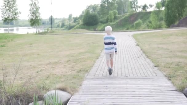 Bonito loiro menino caminha através do parque no verão — Vídeo de Stock