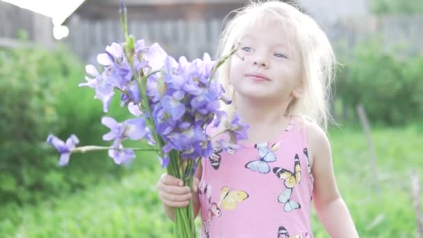 Schattig klein meisje snuiven een boeket van blauwe irissen — Stockvideo