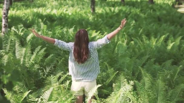 Morgen im wilden Wald. eine junge Frau hält ihre Hände hoch und greift nach dem Himmel — Stockvideo