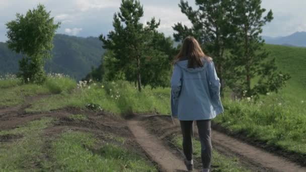 Genç kadın turist tarlada yürüyor. — Stok video