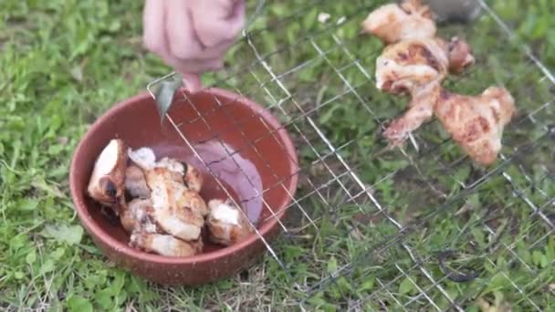 Mão masculina sacode espetos de frango da grade — Vídeo de Stock