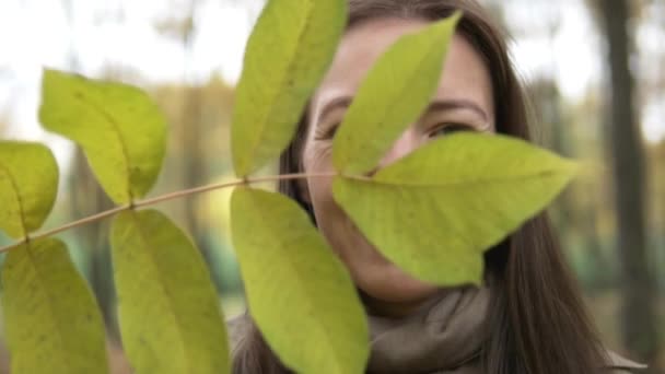 Gros plan d'une femme brune aux feuilles d'automne — Video